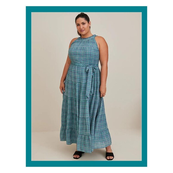 NWT Torrid 1X Blue Plaid Sleeveless Maxi Lindsay Hi-Low Tiered Dress Size 14-16 - Picture 1 of 8